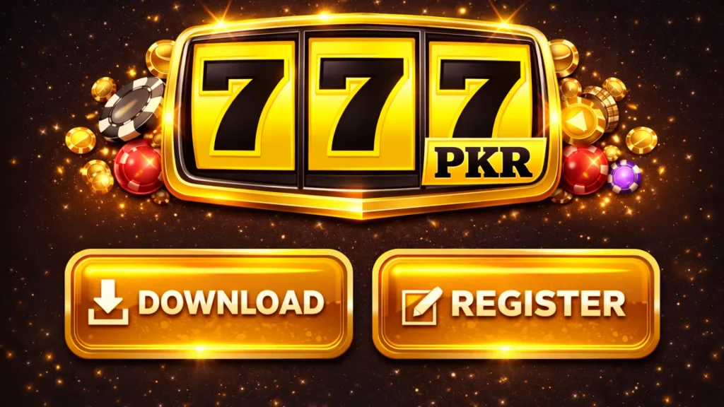 Golden 777PKR Game banner featuring "Download" and "Register" buttons with slot machine symbols and coins.
