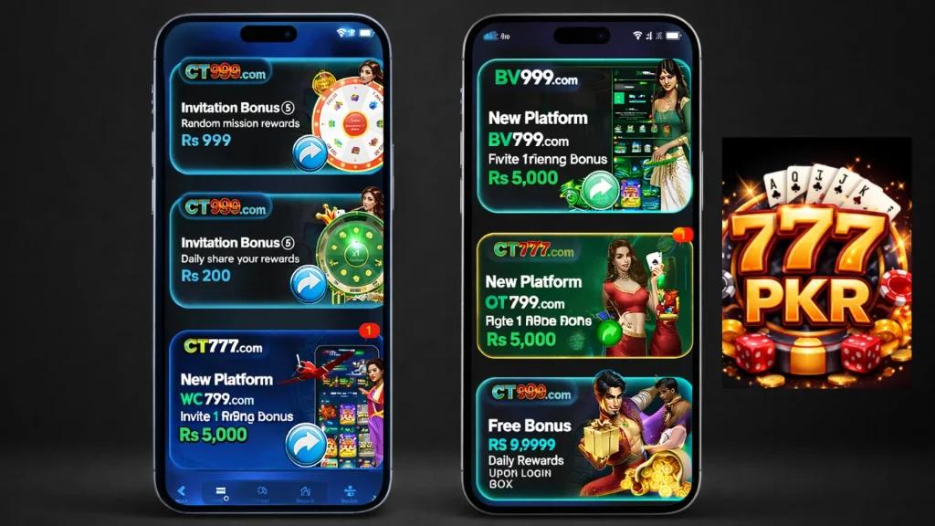 Screenshots of 777PKR Game mobile app interface showing various invitation bonuses, rewards, and daily login gifts.