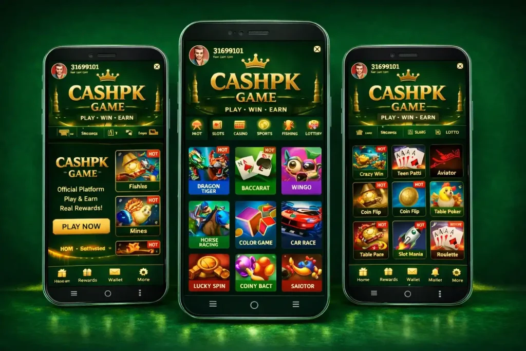 CASHPK Game mobile app interface displayed on three smartphones showing different game options and features.
