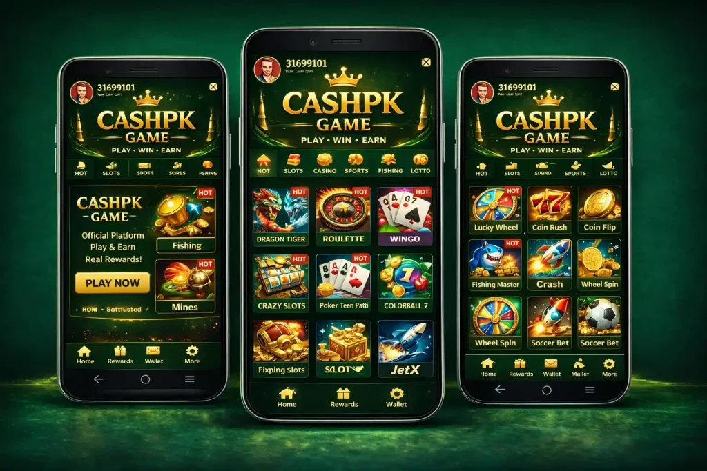 CASHPK Game mobile app interface displayed on three smartphones showing different game options and features.