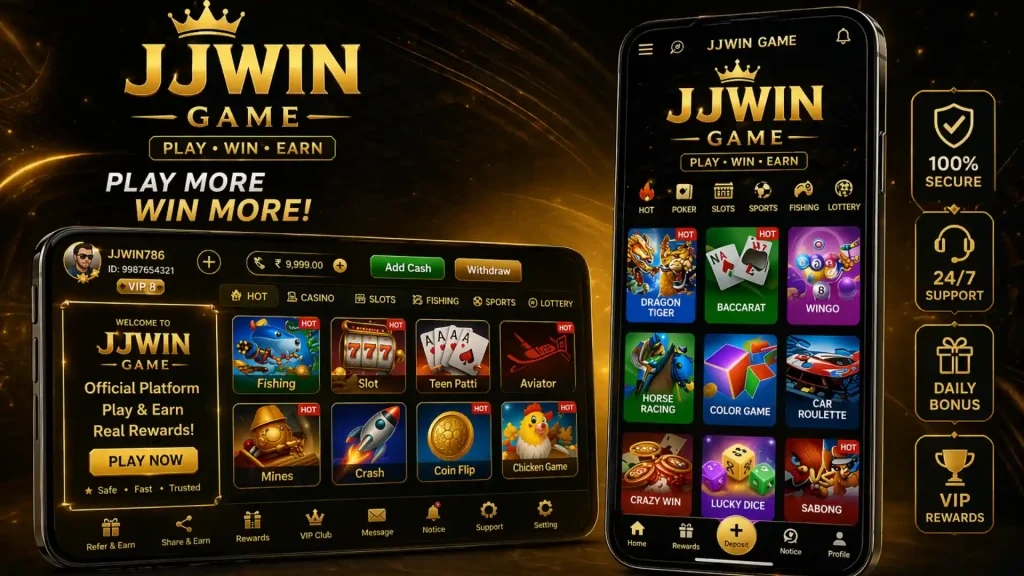 JJWIN Game mobile app interface showing casino games, slots, teen patti, aviator, and play win earn features with secure and bonus options